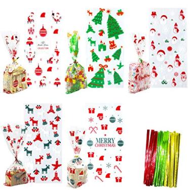 Imagem de Hifunwu 150 unidades de sacos de celofane de Natal com laços torcidos para biscoitos, doces, artigos de festa de Natal
