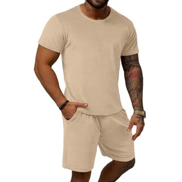 Imagem de Uni Clau Conjunto masculino de 2 peças, camisetas e shorts de manga curta de verão, conjunto esportivo casual atlético, Caqui, GG