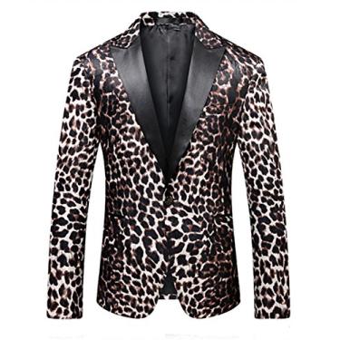 Imagem de MOGU Blazer masculino slim fit lapela entalhada elegante estampa leopardo casaco esportivo, Marrom, 43