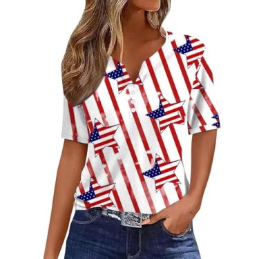 Imagem de Camiseta feminina 4th of July bandeira americana listras estrelas tops verão patriótico Memorial Day túnica gola V manga curta, Bege, G