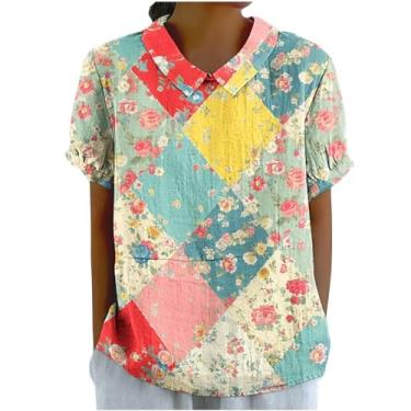 Imagem de Camisetas femininas de linho de algodão 2024 lapela manga curta blusas elegantes para trabalho casual confortável verão túnica tops, #13 - vermelho, 3G