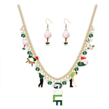 Imagem de PHALIN Colar de golfe, brincos para mulheres, bandeira do clube de golfe, colar com pingente verde, colar de pérola com contas de golfe, brincos pendentes de golfe, acessórios de joias de golfe,