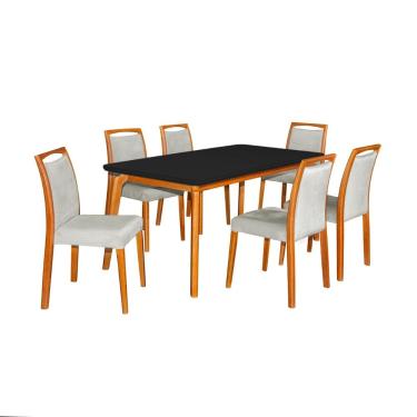 Imagem de Mesa Jantar Luxo Jade 160X90cm Preto Com 6 Cadeiras Estofadas Linho Cinza Base Madeira Maciça 