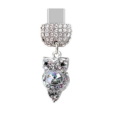 Imagem de ELISE & FONDA TP187 Tipo-C porta de carregamento USB cristal plugue antipoeira pingente de coruja pequena pingente para celular Samsung Galaxy/Huawei/OnePlus/Xiaomi/oppo telefones Android (branco),
