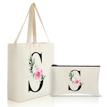Imagem de Pyotivol Sacola de lona estética para mulheres, linda floral inicial moderna personalizada reutilizável bolsa de maquiagem presente, Letra S, Large