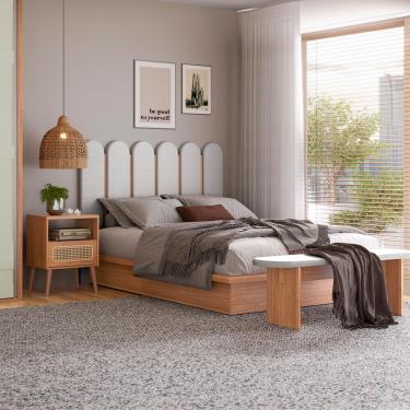Imagem de Conjunto Quarto 2 Mesas de Cabeceira com Cama Base Casal MDF Freijó Dalla Costa