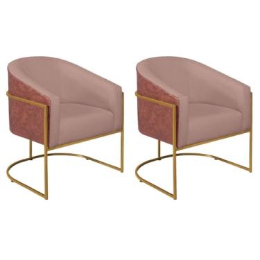 Imagem de Kit 02 Poltronas Luiza Base de Ferro Dourado Corano Nozes e Linho Rosê - AM Decor
