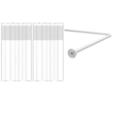 Imagem de Kit Suporte Varão Banheiro Curvo Em L + 2 Cortina Box Branca - Maxeb