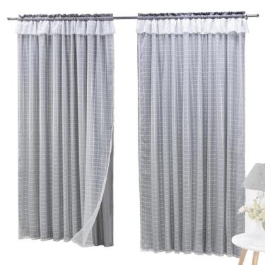 Imagem de Cortina Semi Blackout e Voal Xadrez 3,20m X 2,60m Sem Ilhós - Rose Jor