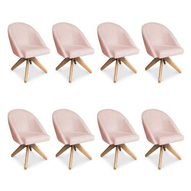 Imagem de Kit 08 Poltronas Cadeira Giratória Bela Suede Rosa Bebê Base De Madeira - Pallazio