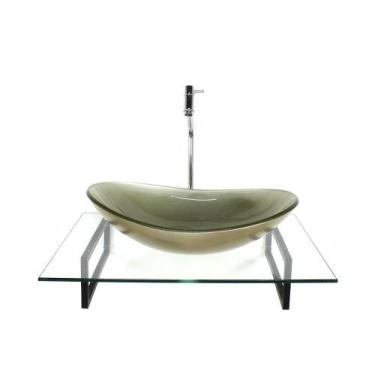 Imagem de Kit cuba de vidro oval champanhe com tampo 60cm incolor e suporte pret