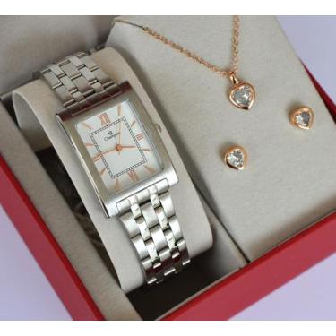 Imagem de Relogio Champion Prateado Quadrado Feminino Medio CH22395S + Semi Joia