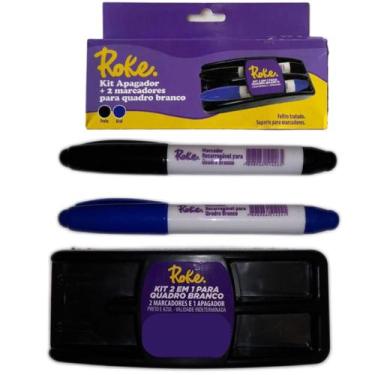 Imagem de Kit Apagador + 2 Marcador Preto/azul Para Quadro Branco Roke, Preto