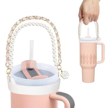 Imagem de Alça de garrafa de água pérola com alça Stanley Cup Strap Carrier Double Chain Water Bottle Handle com alça suporte de copo correia acessórios de corrente de couro para Stanley Cup 227-1,134 g