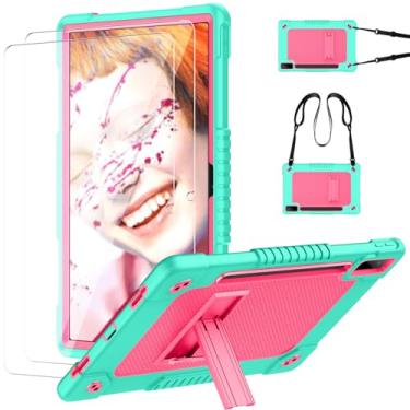 Imagem de Kebiory Capa para Lenovo Tab P12 de 12,7 polegadas 2023 TB370FU e alça de ombro com suporte embutido para caneta para crianças + 2 protetores de tela para Lenovo Tab P12 (verde + rosa)