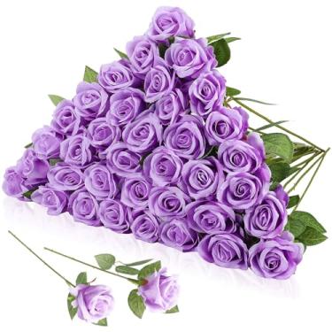 Imagem de Hoemwarm 36 peças de flores artificiais de noiva, rosa falsa, haste longa, flores artificiais realistas, volume para buquê de casamento, arranjo de bolas, decoração de festa (Roxo)