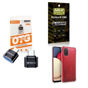 Imagem de Kit Adaptador USB para Tipo C + Capinha Samsung A03 S + Película 3D - 