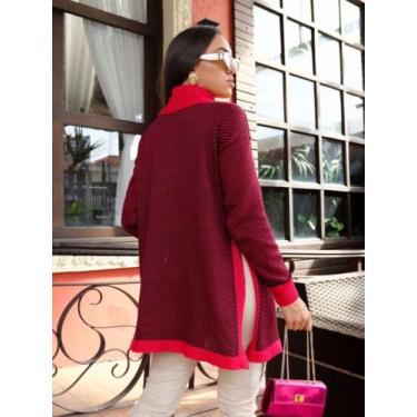 Imagem de Poncho Quadriculado Tricot  Feminino - SS TRICOT, Vermelho branco