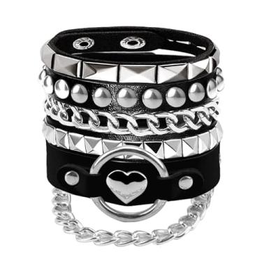 Imagem de 3 peças de pulseiras de couro macio com coração/pirâmide/corrente, punhos de pulso punk emo acessórios de joias, presente gótico para mulheres vintage, One Size, Couro sintético Couro, Sem Pedra