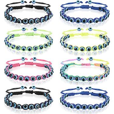 Imagem de 8 peças de pulseira com contas de olho mal, ajustável, azul, mau-olhado, pulseira de amizade com proteção de cabalá, pulseiras de proteção turca da sorte para mulheres e homens