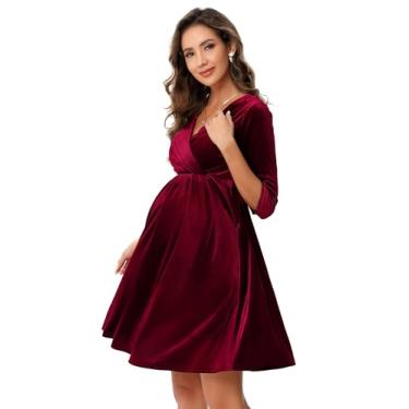 Imagem de FUNJULY Vestido de maternidade feminino de veludo retrô decote em V evasê sexy para sessão de fotos vestido de férias vestido de noite convidada de casamento, Vinho tinto, P