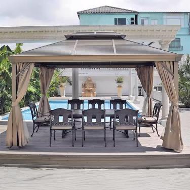 Imagem de Tenda de 12 × 16 Gazebo com teto duplo em alumínio com cortinas, área de sombra de 166 m², adequada para terraço, jardim, gramado