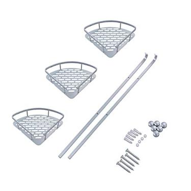 Imagem de Prateleira de chuveiro de alumínio com ganchos, 3 peças, organizador de banheiro de canto para xampus e itens de cuidados pessoais, design elegante e prateado