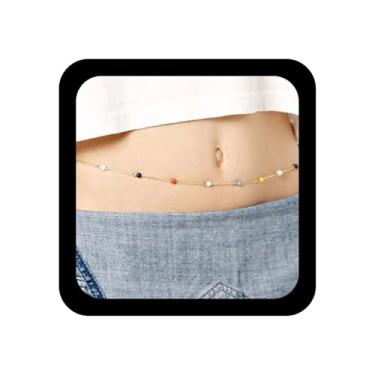 Imagem de YienDoo Corrente de cintura com contas sensuais douradas, contas multicoloridas, cinto de barriga, corrente de biquíni, corrente de estômago, joias corporais, presentes para mulheres e meninas