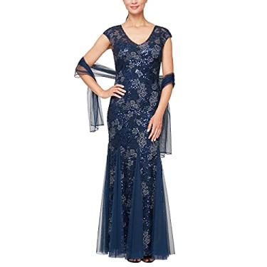 Imagem de Alex Evenings Vestido feminino longo e rodado detalhe Godet (Pequeno e Regular), Azul-marinho novo, 48