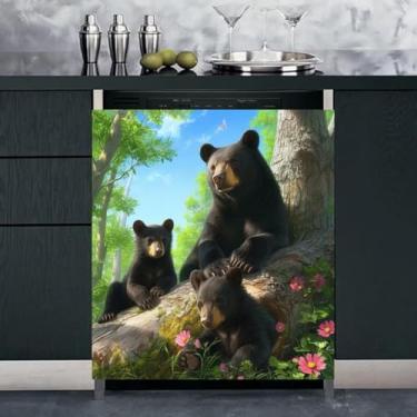 Imagem de MLGB Capa de porta de painel de lava-louças com ímã de ursos pretos, capa de ímã de geladeira, urso de animal, decoração de cozinha, decalque de capa de ímã de máquina de lavar louça (58 x 66 cm