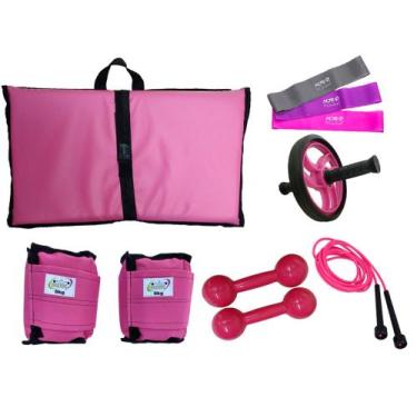 Imagem de Kit Tornozeleira 6KG Rosa + Halteres 6KG Rosa + Colchonete Rosa + Mini
