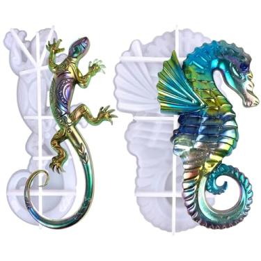 Imagem de Voaesdk 2 moldes de resina de cavalo marinho de lagartixa de silicone, moldes realistas para decoração de hipocampo de lagarto, molde de epóxi de silicone animal grande 3D para artesanato em resina