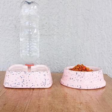 Imagem de 2 Comedouros Pote Ração Pet Granitina Pesado  1 Bebedouro garrafa ROSA