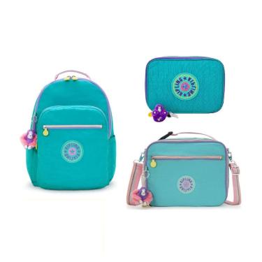 Imagem de Mochila + Estojo + Lancheira Kipling Rainbow Verde Água Kit