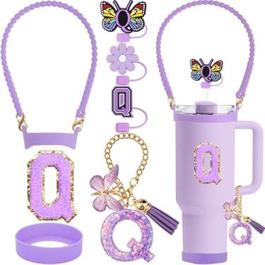 Imagem de ZYBIDEAL Conjunto de acessórios roxos de 8 peças para Stanley Cup, 3 peças de canudo de 10 mm, alça de silicone para garrafa de água, bota para Stanley 30 e 1,134 g, corrente com pingente de letra,