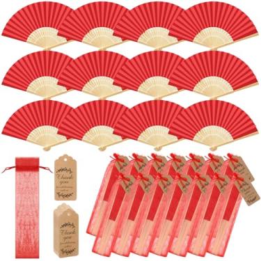 Imagem de Roowest Pacote com 50 ventiladores dobráveis de papel feitos à mão com sacos de presente, leque dobrado portátil de bambu para casa, faça você mesmo, decoração de escritório, festa de casamento, chá