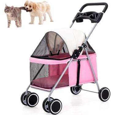Imagem de Carrinho de 4 cães para cães e gatos, carrinho de cachorro dobrável, carrinho de corrida para cães, carrinho de transporte para animais de estimação, até 15 kg, rosa
