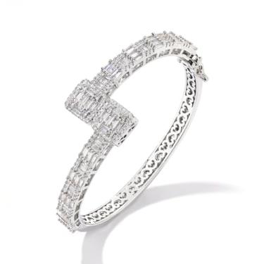 Imagem de Pulseira de diamante baguete gelado para mulheres, Hip Hop masculino 14 k pulseira de zircônia cúbica banhada a ouro prata, pulseira de punho coração feminino com caixa de joias, 7inch, Cobre, Zircônia cúbica