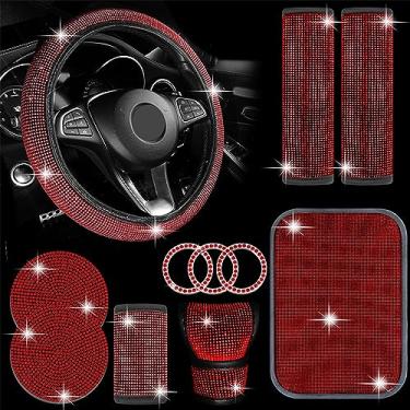 Imagem de MINGZAIQIPEI Conjunto de acessórios de carro com 11 peças, capa de volante brilhante para mulheres, ajuste universal, 38 cm, capa de console central de strass (vermelha)