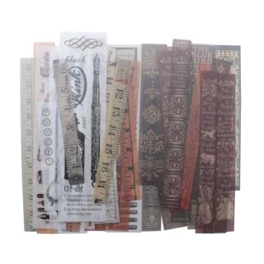 Imagem de SOWAKA 80 adesivos Washi vintage decorativos antigos adesivos de papel retrô para agenda, diário, álbuns de fotos, cartões, artesanato DIY (régua e livro)