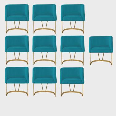 Imagem de Kit 10 Poltrona Cadeira Aurora Luxo Confort Industrial Ferro Dourado Veludo Azul Turquesa - Ahz Móveis