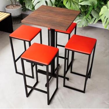 Imagem de Conjunto Mesa Alta Bar Bistrô Quadrada Imbuia 4 Bancos Estofado Industrial Black (Vermelho)