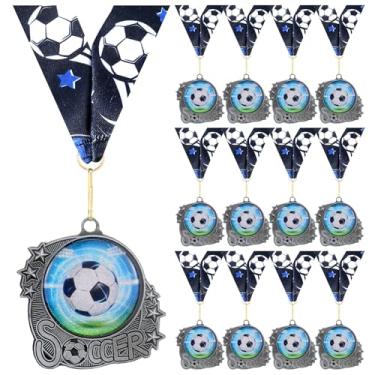 Imagem de Seenelling 12 peças de medalhas de futebol troféu prata metal futebol prêmio medalhas com fita para participação esportes temáticos lembrancinhas de festa