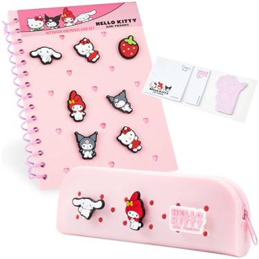 Imagem de Hello Kitty Caderno A5 personalizável e estojo de lápis com zíper, conjunto de papelaria Kawaii com alfinetes de personagens, notas adesivas material escolar, presentes de anime