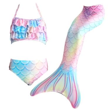 Imagem de LVTFCO Vestido cauda de sereia cauda de peixe vestido de princesa 3 peças fantasia cosplay de verão, azul-130