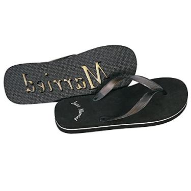 Imagem de WEDDINGSTAR Chinelos Just Married Wedding Favor - Sandálias de lua de mel preto e branco, Preto, Large Women/Large Men