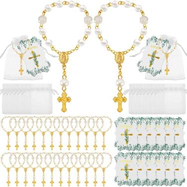 Imagem de Conjunto de 96 peças de lembrancinhas de batismo, 36 contas de rosário católico para mulher com crucifixo 36 sacos de organza com 36 etiquetas douradas Bless, Acrílico, acrílico, metal