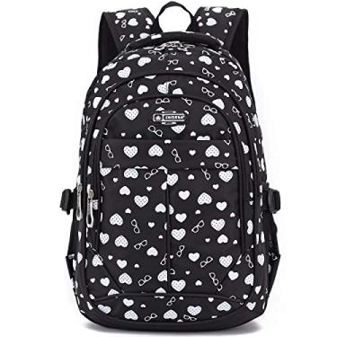 Imagem de goldwheat Mochila escolar para meninas, fofa, leve, bolsa de viagem ao ar livre, mochila para o ensino fundamental e médio, Preto, Heart, Mochilas Daypack