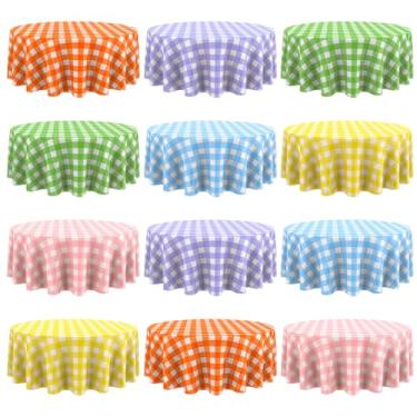 Imagem de Remagr Toalha de mesa xadrez descartável redonda de plástico xadrez buffalo, 213 cm, capa de mesa guingão para piquenique, acampamento, churrasco, festa de formatura (multicolorida, 12 peças)