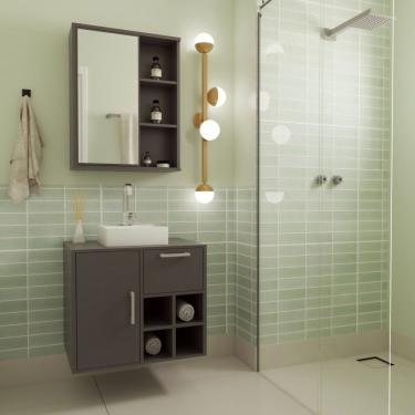 Imagem de Gabinete De Banheiro Suspenso 68cm Com Balcão 1 Porta 1 Gaveta E Espelheira Com Cuba Br Grafite